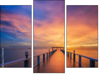 Wooded bridge in the port between sunrise. - Three-piece canvas print, Triptych