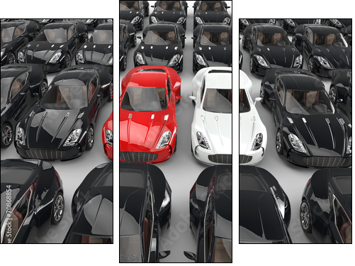 Stand out red and white cars among many black cars - Three-piece canvas print, Triptych