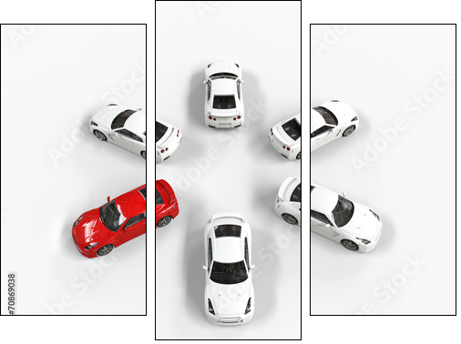 Red car among many white cars - top view - Three-piece canvas print, Triptych