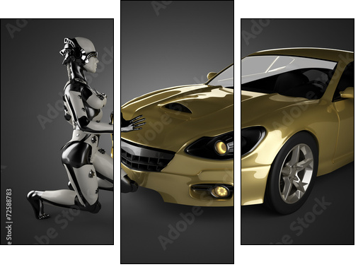 luxury brandless sport car and woman robot - Three-piece canvas print, Triptych