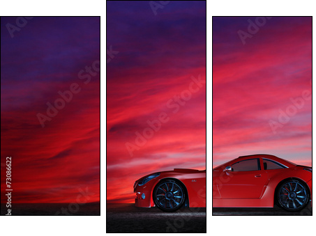Sportwagen vor einer Wolkenbank - Three-piece canvas print, Triptych