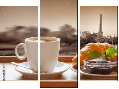 Coffee with croissants against Eiffel Tower in Paris, France - Three-piece canvas print, Triptych
