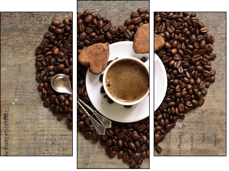 Cup of coffee with heart-shaped chocolate truffles. - Three-piece canvas print, Triptych