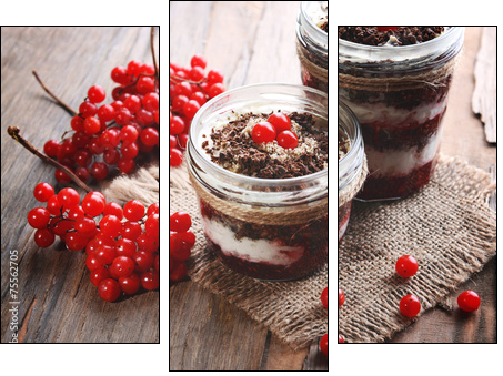 Delicious dessert in jars on table close-up - Three-piece canvas print, Triptych