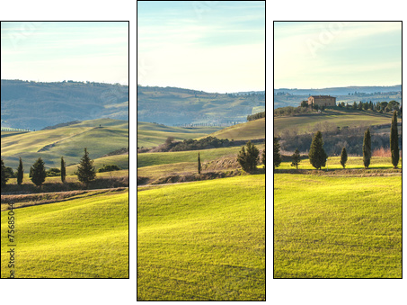 Artistic Tuscan landscape with cypresses, wavy fields and house - Three-piece canvas print, Triptych
