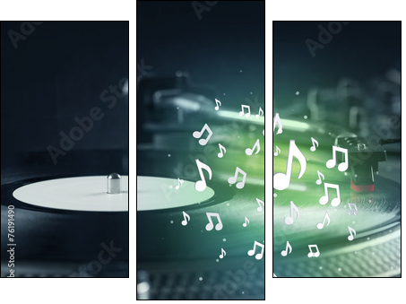 Turntable playing music with audio notes glowing - Three-piece canvas print, Triptych