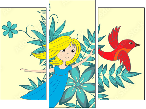 Flying little girl and magical red bird - Three-piece canvas print, Triptych