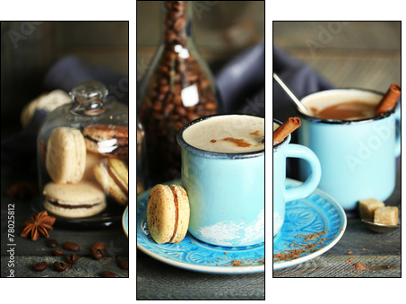 Beautiful composition with tasty cappuccino on wooden table - Three-piece canvas print, Triptych
