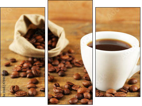 Cup of coffee with beans on rustic wooden background - Three-piece canvas print, Triptych