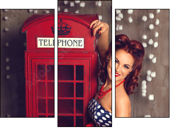 Red hair pin-up woman portrait near telephone booth - Three-piece canvas print, Triptych
