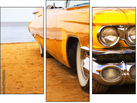 Classic yellow flame painted Cadillac at beach - Three-piece canvas print, Triptych