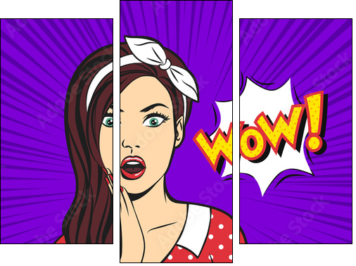 Vector pop art surprised woman face with open mouth and a WOW bubble - Three-piece canvas print, Triptych