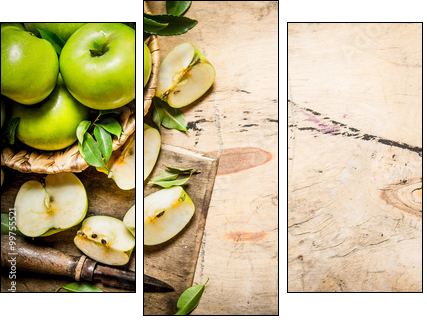 Fresh green apples in the basket with knife . - Three-piece canvas print, Triptych