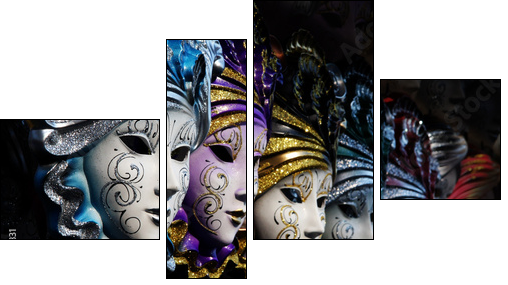 Row of venetian masks in gold and blue - Four-piece canvas print, Fortyk