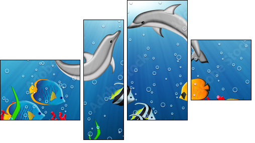 Underwater world with dolphins and tropical fishes - Four-piece canvas print, Fortyk