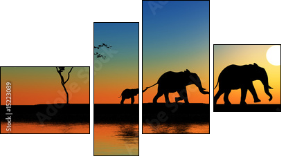 Family of elephants. - Four-piece canvas print, Fortyk