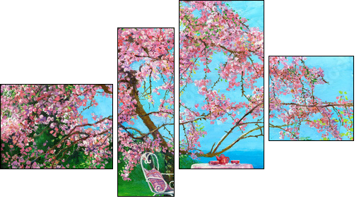 Blossoming plum in a spring garden - Four-piece canvas print, Fortyk