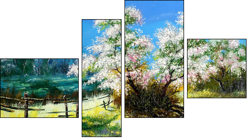 Blossoming bush on rural surburb - Four-piece canvas print, Fortyk