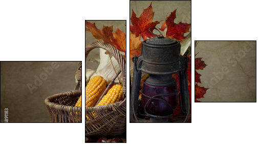 Herbstliches Stilleben mit Petroleumlampe und Mais in Weidenkorb - Four-piece canvas print, Fortyk