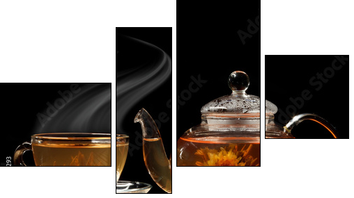 Glass teapot and a cup of green tea on a black background - Four-piece canvas print, Fortyk