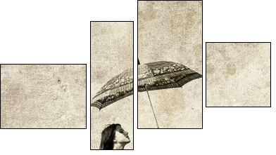 Girl with umbrella on bike. Photo in old image style. - Four-piece canvas print, Fortyk