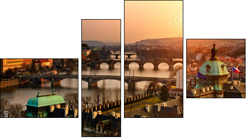 Panoramic view on Charles bridge and sunset Prague lights. - Four-piece canvas print, Fortyk