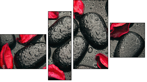 background spa. black stones and red petals with water droplets - Four-piece canvas print, Fortyk