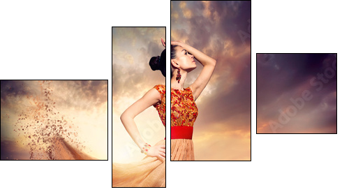 Dancing Fashion Woman wearing Blowing Long Chiffon Dress - Four-piece canvas print, Fortyk