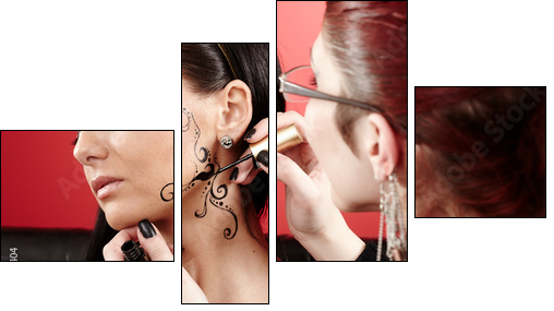 Brunette having applied face tattoo by makeup artist - Four-piece canvas print, Fortyk