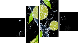 Limes in water splash, isolated on black background - Four-piece canvas print, Fortyk