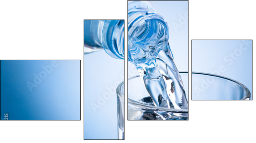 Pouring water from bottle into glass on blue background - Four-piece canvas print, Fortyk