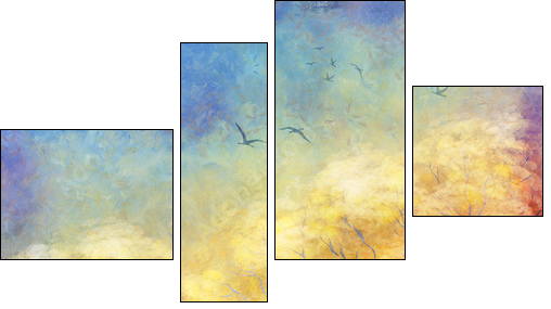 Digital oil painting autumn trees, flying birds - Four-piece canvas print, Fortyk