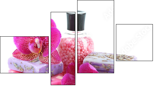 Sea salt, soap and orchid isolated on white - Four-piece canvas print, Fortyk
