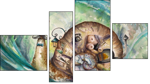 Snail with his house.Picture created with watercolors. - Four-piece canvas print, Fortyk