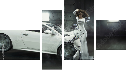 Alluring fashionable lady in the middle of car crash - Four-piece canvas print, Fortyk
