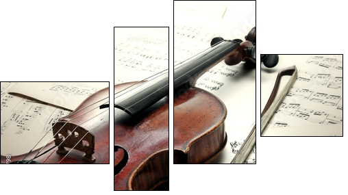 Old scratched violin with sheet music. Vintage style. - Four-piece canvas print, Fortyk