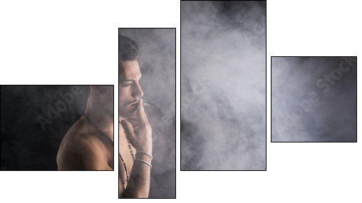 Shirtless young man smoking cigarette with a lot of smoke around - Four-piece canvas print, Fortyk