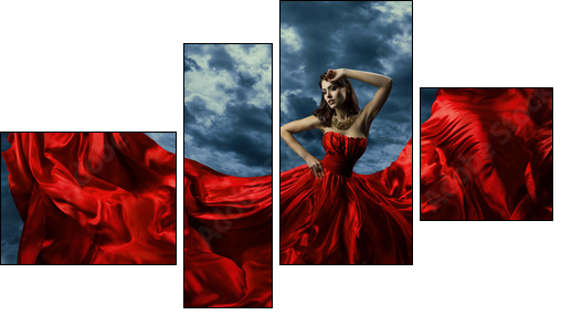 Woman in red evening dress, waving gown with flying long fabric - Four-piece canvas print, Fortyk