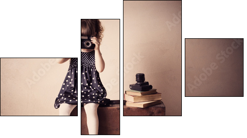 little girl with retro camera on  suitcase indoor - Four-piece canvas print, Fortyk