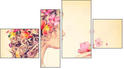 Beauty girl takes beautiful flowers in her hands - Four-piece canvas print, Fortyk