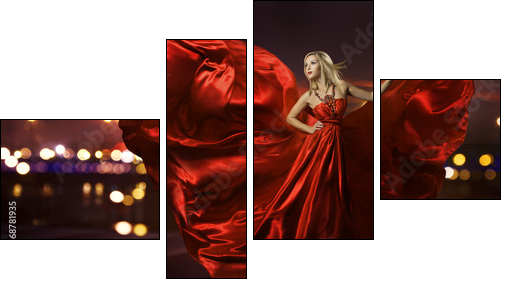 woman dancing in silk dress, artistic red blowing gown waving - Four-piece canvas print, Fortyk