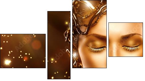 Model girl face with gold skin, nails, make-up and accessories - Four-piece canvas print, Fortyk