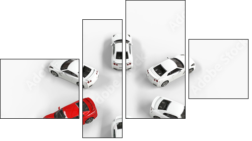 Red car among many white cars - top view - Four-piece canvas print, Fortyk