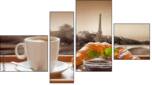 Coffee with croissants against Eiffel Tower in Paris, France - Four-piece canvas print, Fortyk