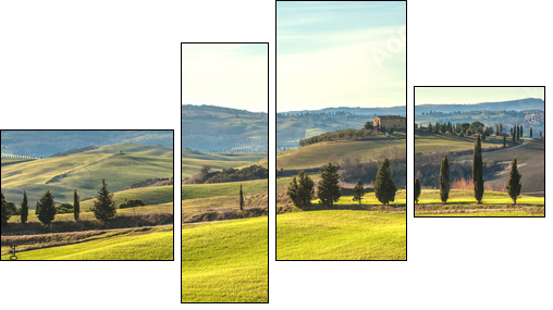 Artistic Tuscan landscape with cypresses, wavy fields and house - Four-piece canvas print, Fortyk