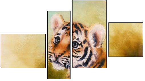 adorable baby tiger head looking out from a green  surroundings - Four-piece canvas print, Fortyk