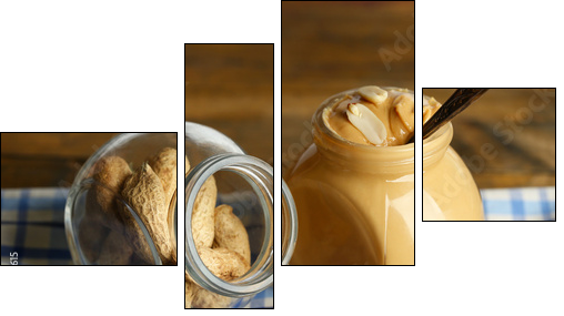 Fresh peanut butter in jar on wooden background - Four-piece canvas print, Fortyk