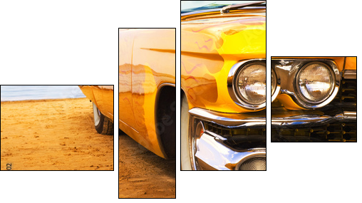 Classic yellow flame painted Cadillac at beach - Four-piece canvas print, Fortyk