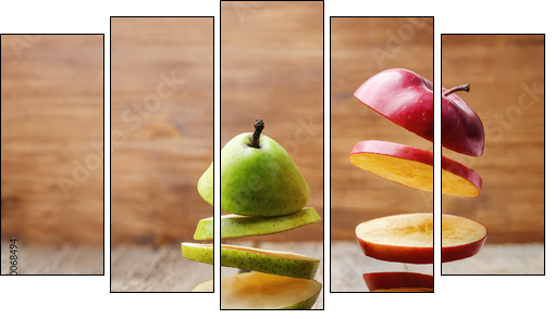 flying slices of fruit: apple, pear - Five-piece canvas print, Pentaptych