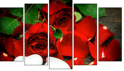 Red roses and two hearts. Valentines Day or Wedding vintage - Five-piece canvas print, Pentaptych